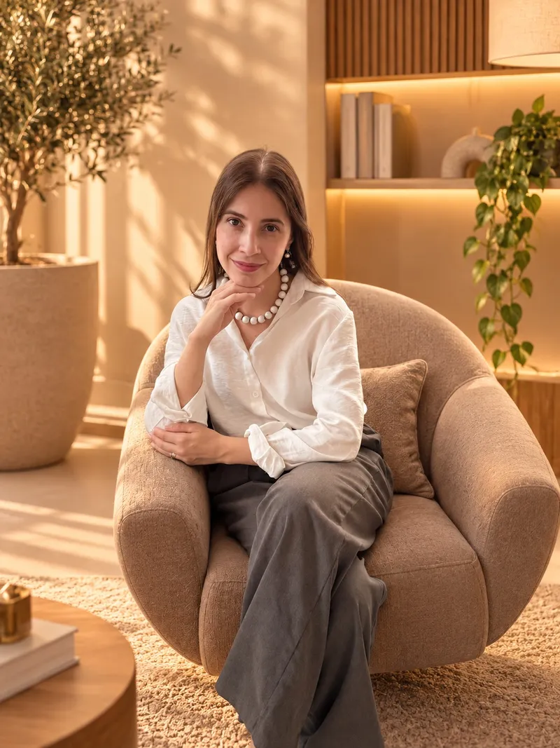 Lara Tiglia Mazer sentada em uma poltrona bege, sorrindo, em ambiente acolhedor